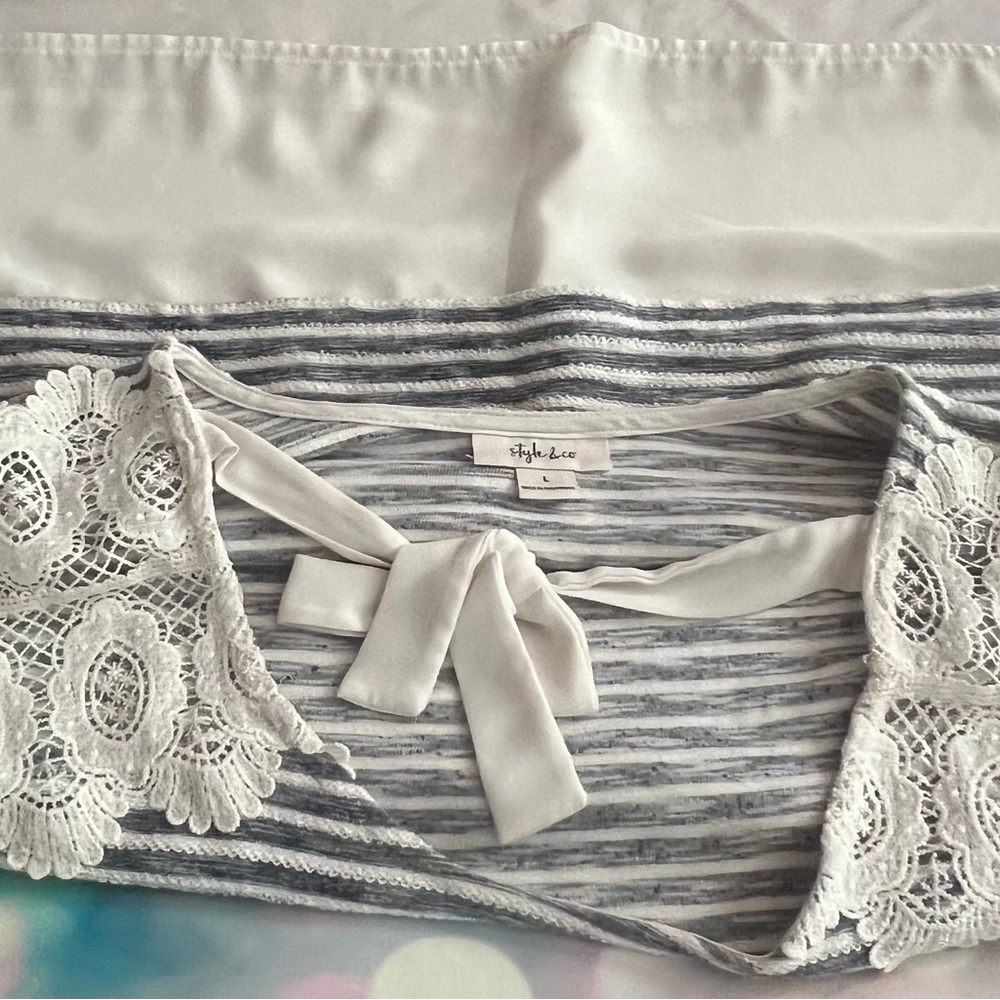 Style & Co. Gray Striped Top with Lace and Bow NWOT